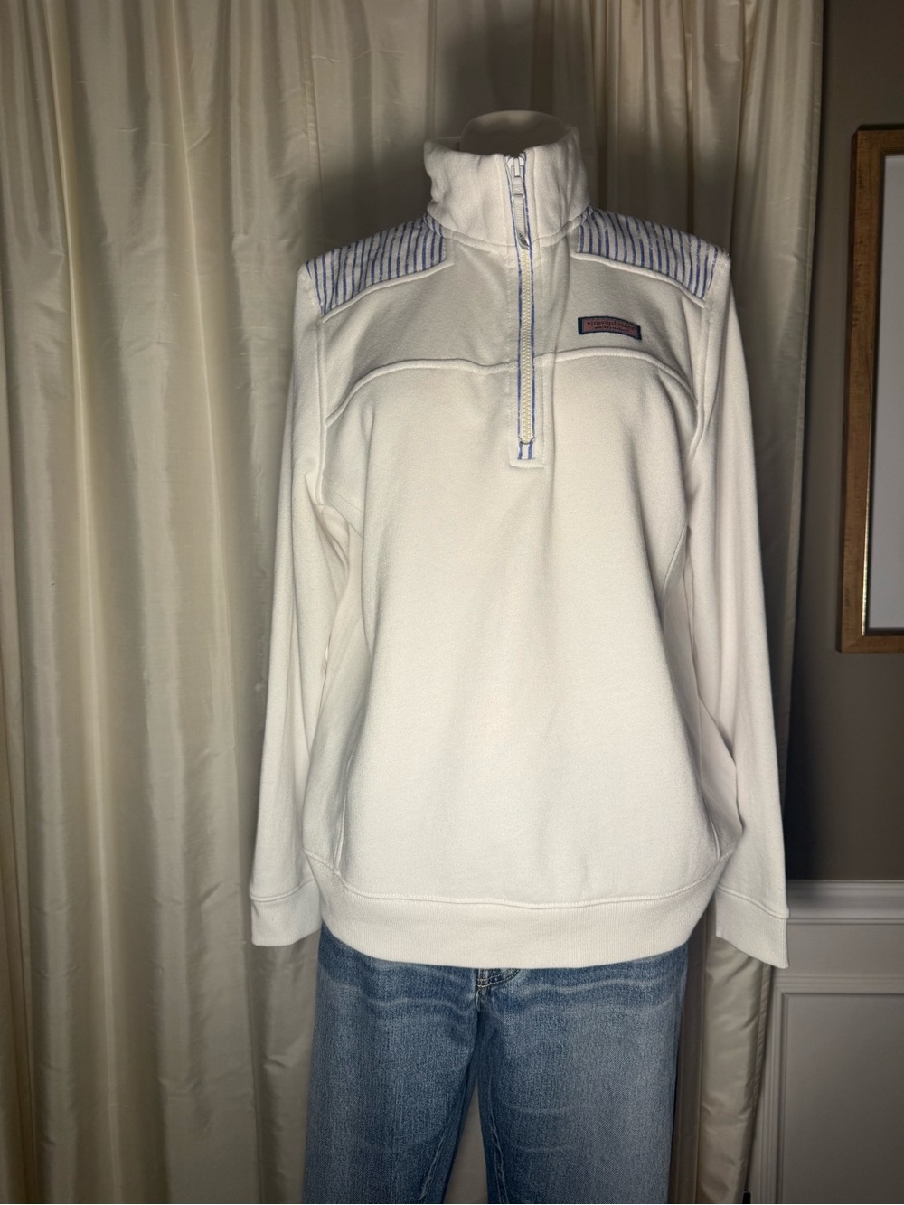 Vineyard Vines White Seersucker Striped Shoulder Shep Shirt Quarter Zip-  Large - Picture 2 of 11